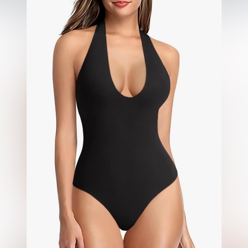 🆕 REORIA Women’s Black & White LAX Halter Bodysuit V Neck Backless Tank Trendy
